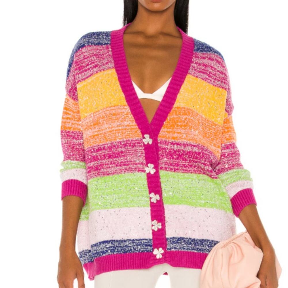 Olivia Rubin Mika Rainbow Stripe Oversized Cardigan Colorblock Knit Womens Lg